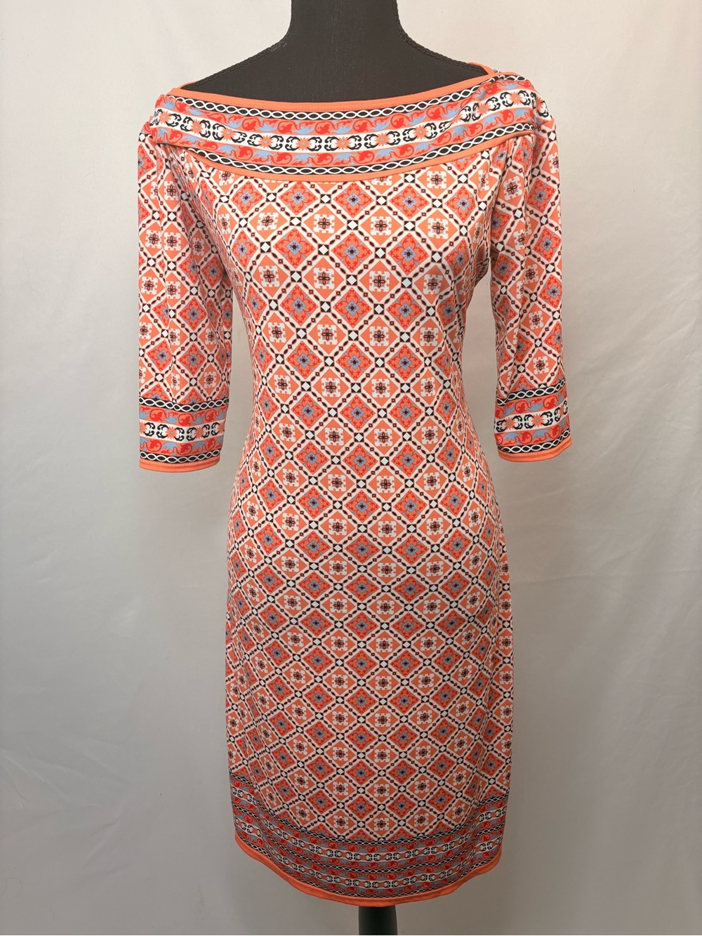 Max Studio Orange Patterned Boatneck Midi Dress
